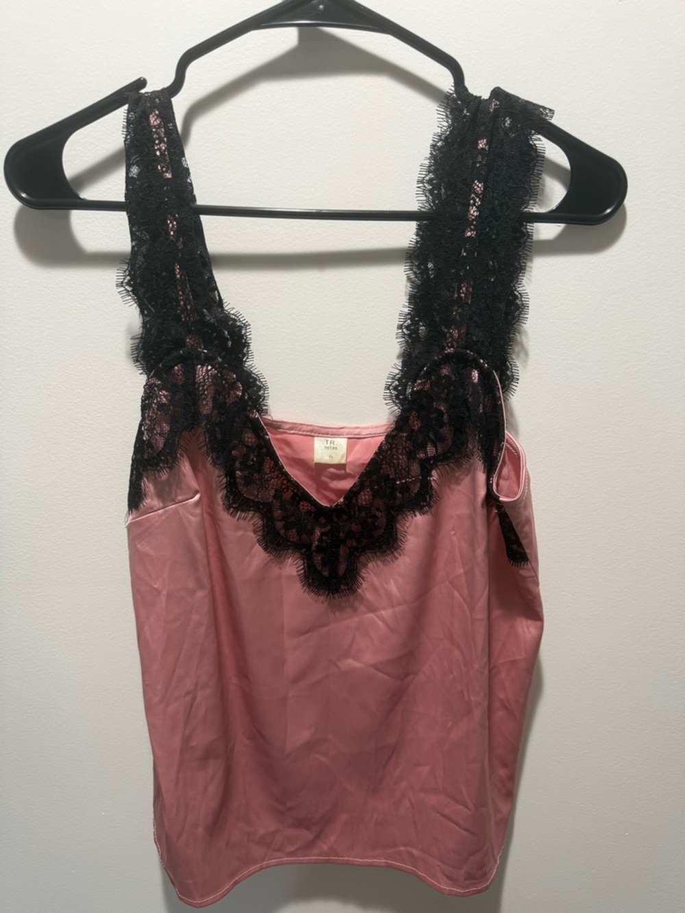 Pink Lace-Trim Satin Tank Top with Black Accents